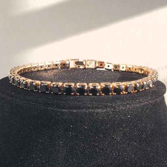 1ct Black Onyx Womens 14K Gold Gemstone Tennis Bracelet Silver